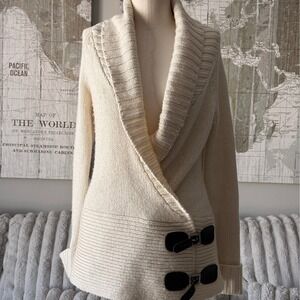 MODA INTERNATIONAL Cream Knit Shawl Collar Cardigan Sweater Buckle Detail XS